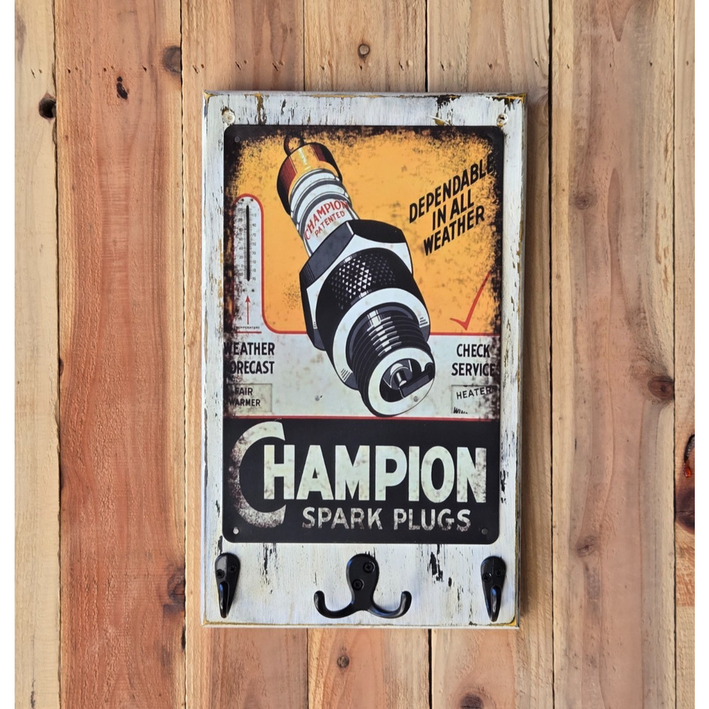 Champion Spark Plug Rustic Sign Mounted on Solid Wood with Hooks New Handmade